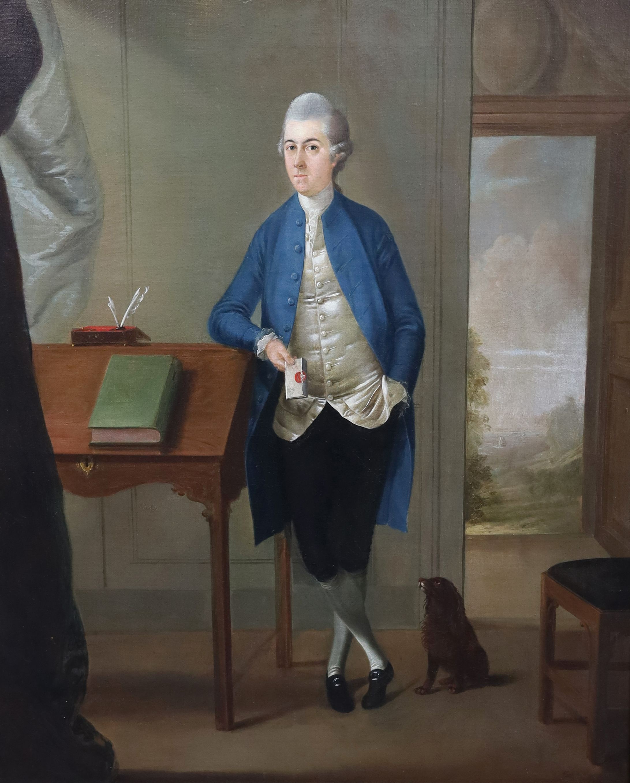 Attributed to James Millar (1735-1805), Full length portrait of a gentleman standing with his arm resting upon a bureau, holding a letter in one hand, a small dog at his feet, oil on canvas, 69 x 56cm